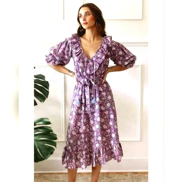 Nwot Mille Resort & Travel Lavender June Floral Longsleeve Ruffled Midi Dress - Picture 1 of 15